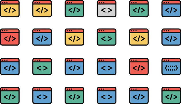 Colorful collection of coding icons representing programming languages and development concepts