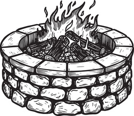 Naklejka premium Monochrome Woodcut Illustration of a Stone Firepit with Burning