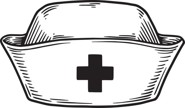 Vintage style nurse cap with red cross, black and white woodcut