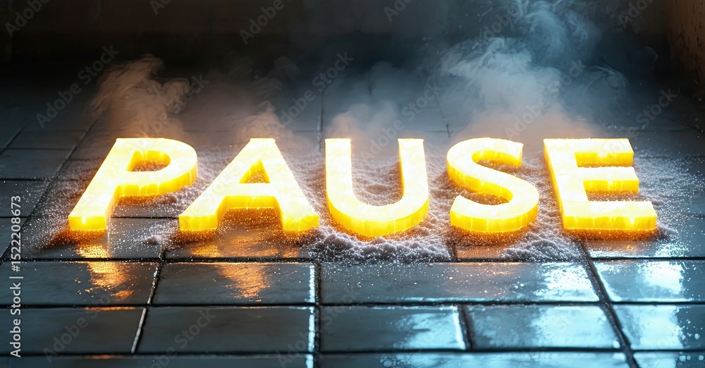 Poster bright, illuminated pause text rests upon wet tiles. smoke or vapor surrounds letters, creating dram