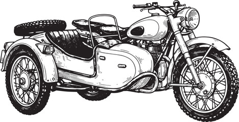 Obraz premium Monochrome woodcut illustration showcasing a vintage sidecar mot