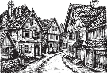 Detailed architectural rendering of a quaint, historic village s