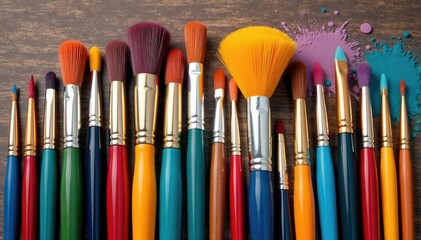 Fototapeta premium Assortment of paintbrushes, various sizes & shapes, on wooden surface , gouache, artistic, visual arts