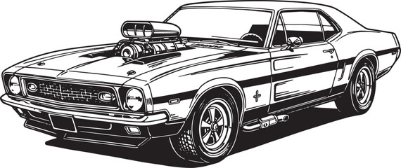 Powerful muscle car illustration with a vintage feel in monochro