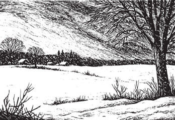 Fototapeta premium Monochromatic winter landscape with snowstorm, bare trees and di