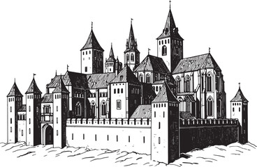 Obraz premium Elegant Renaissance Castle Woodcut, A Timeless Black and White I
