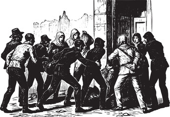 Historical depiction of looting a building with people carrying