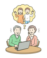 ノートパソコンで孫とリモート通話をする高齢女性と高齢男性の上半身イラスト