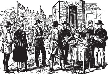 Vintage Town Gathering Woodcut, An Insight into Local History an