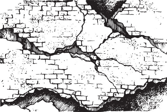 Detailed woodcut illustration of crumbling brick and plaster wal