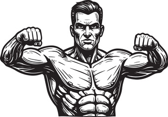 Obraz premium Powerful Muscular Man Flexing Biceps in Woodcut Style Illustrati