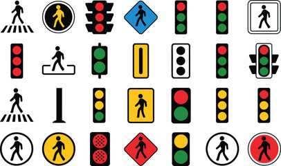 Traffic safety icons and pedestrian signals signs collection for web design