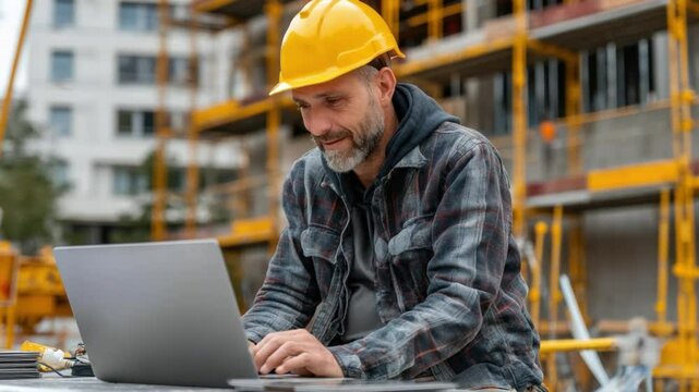 Construction Site Tech: Focused construction worker wearing hard hat types on laptop amidst scaffolding, blending modern tech with the building site's raw energy.