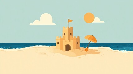 A summer beach with a sand castle and umbrella. Flat illustration of a small sandcastle in the sand on a beach, with a small shovel laying next to it