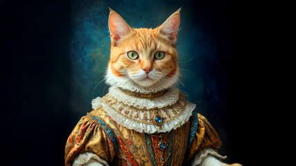 Renaissance Cat in Noble Costume with Ruffled Collar and Bejeweled Gown — Regal Animal Portrait with Vintage Royal Detailing. 2