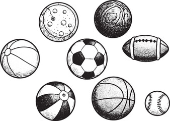 Fototapeta premium Engraved Assortment of Balls, Featuring Sports and Play Equipmen