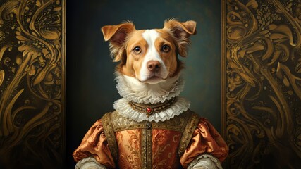 Renaissance Dog Portrait in Noble Attire with Ruffled Collar and Embroidered Regal Costume — Humorous Aristocratic Animal Character Art. 1