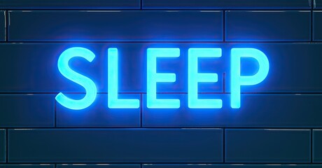 Obraz premium Bright neon sign spells SLEEP against dark blue tiled wall. Simple design, modern aesthetic, inviting restfulness.