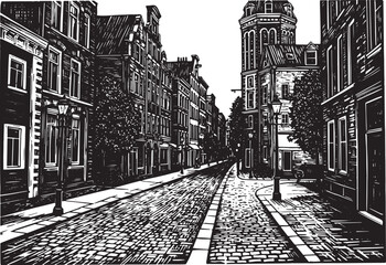 Vintage Black and White Woodcut Illustration of a Quaint City St