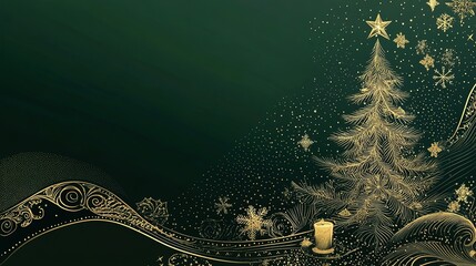 A gold Christmas tree on a dark green background with swirls and snowflakes