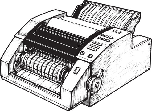 Detailed woodcut illustration of a classic dot matrix printer de