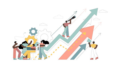 Looking at future plans for success. Scenes up. Tiny people are looking for chances to grow, to achieve a goal.eps