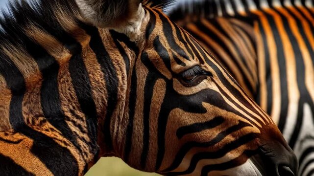 Striking portrait of a Zebra with distinctive black and brown stripes, detailed close-up capturing the animal's eye and facial features.