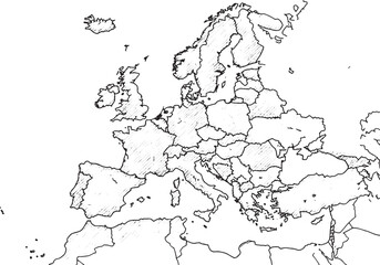 Detailed woodcut drawing of Europe map in black and white illust