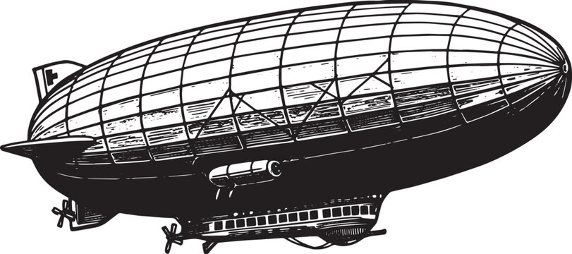 Vintage Airship Illustration, Black and White Woodcut of a Zeppe