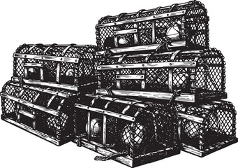 Detailed Woodcut Illustration of Stacked Lobster Traps in Black
