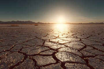 Dramatic Sunset Over Cracked Earth Dry Desert Landscape Drought
