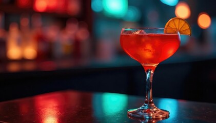Dimly lit setting, colorful cocktail in coupe glass, celebration, fun, happy