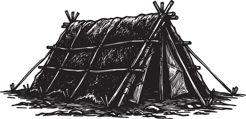 Monochrome Illustration of a Prehistoric Tent Structure and Dwel