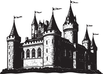 Detailed Woodcut Illustration of a Majestic Castle with Towering