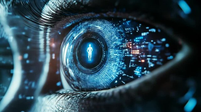 Extreme close-up of a cybernetic eye with a holographic display.