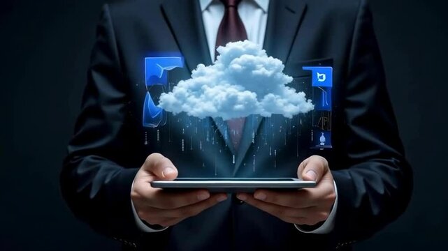 A man in a suit is holding a tablet with a stylized cloud hovering over it, symbolizing technology and cloud computing.