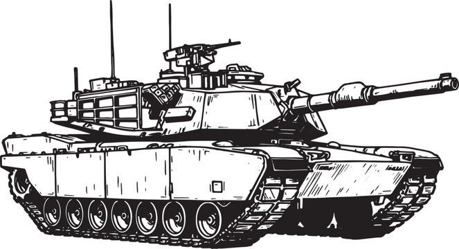 Detailed woodcut illustration of an M1A2 Abrams tank in black an