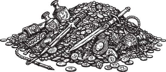 Detailed woodcut style illustration of a dragon's hoard of treas
