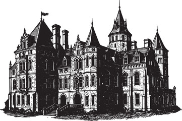 Obraz premium Monochrome Country Castle Woodcut, Detailed Illustration of Medi