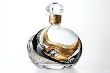 Ornate glass bottle with swirling gold and black designs.