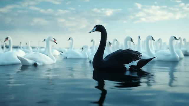 Lone black swan stands out in a group of white swans on calm water.