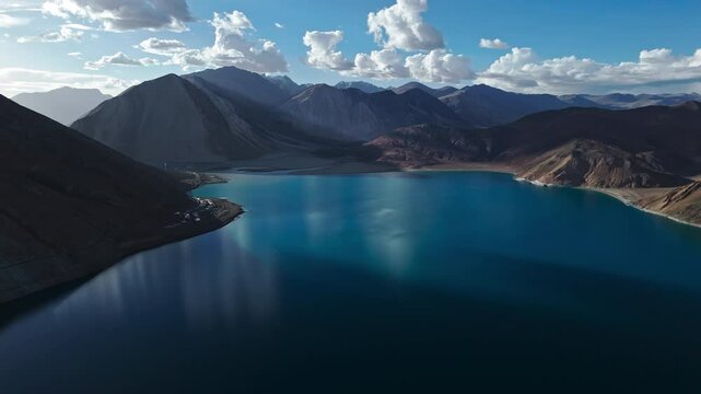 Pangong Lake with Clear Blue Water from Drone