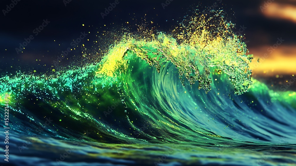 Poster a bright neon green wave crashing into a pixelated surface creating a mesmerizing display of light a