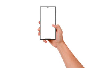 Close-up of hand holding modern smartphone with blank screen isolated.