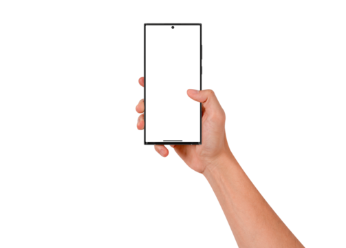Close-up of hand holding modern smartphone with blank screen isolated.