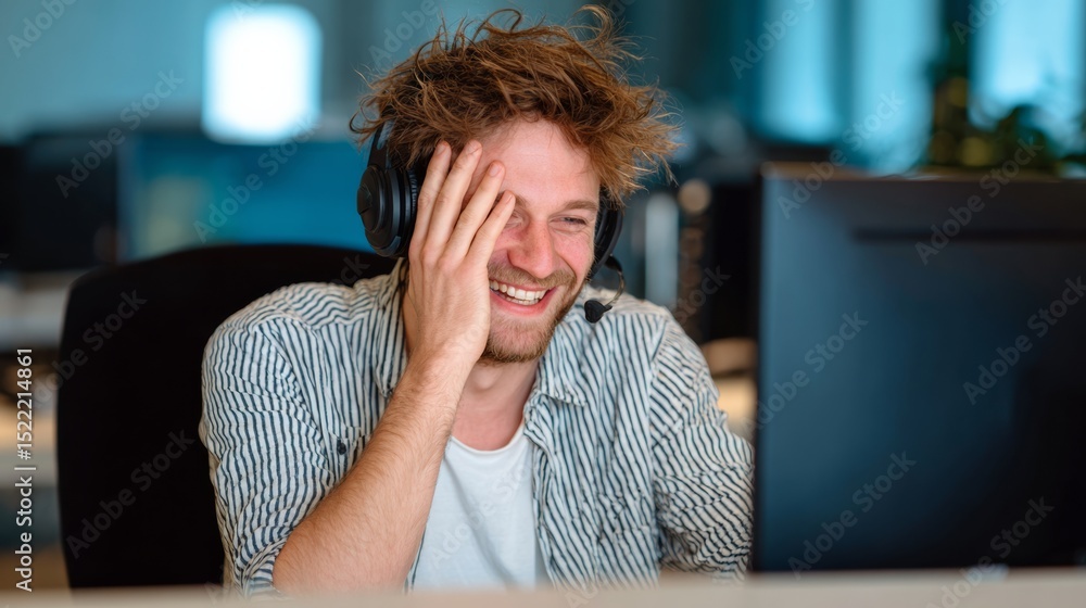 Aufkleber man wearing headphones is laughing and crying at the same time. he is sitting in front of a computer