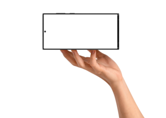 Close-up of hand holding modern smartphone with blank screen isolated.