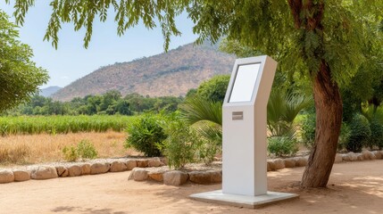 A digital kiosk stands outdoors near trees and a mountain, blending technology with a natural landscape.