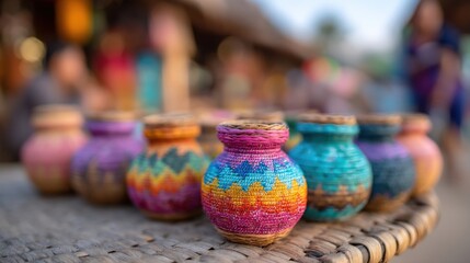 Colorful woven baskets are displayed on a woven surface at an outdoor market, showcasing traditional craftsmanship and vibrant patterns.