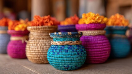 Colorful woven baskets filled with vibrant flowers arranged on a wooden surface.
